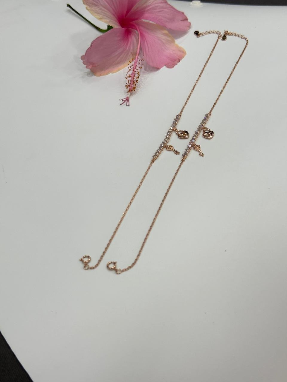 Rose Gold Heart Lock & Key Anklet with Stone – Eternal Bond